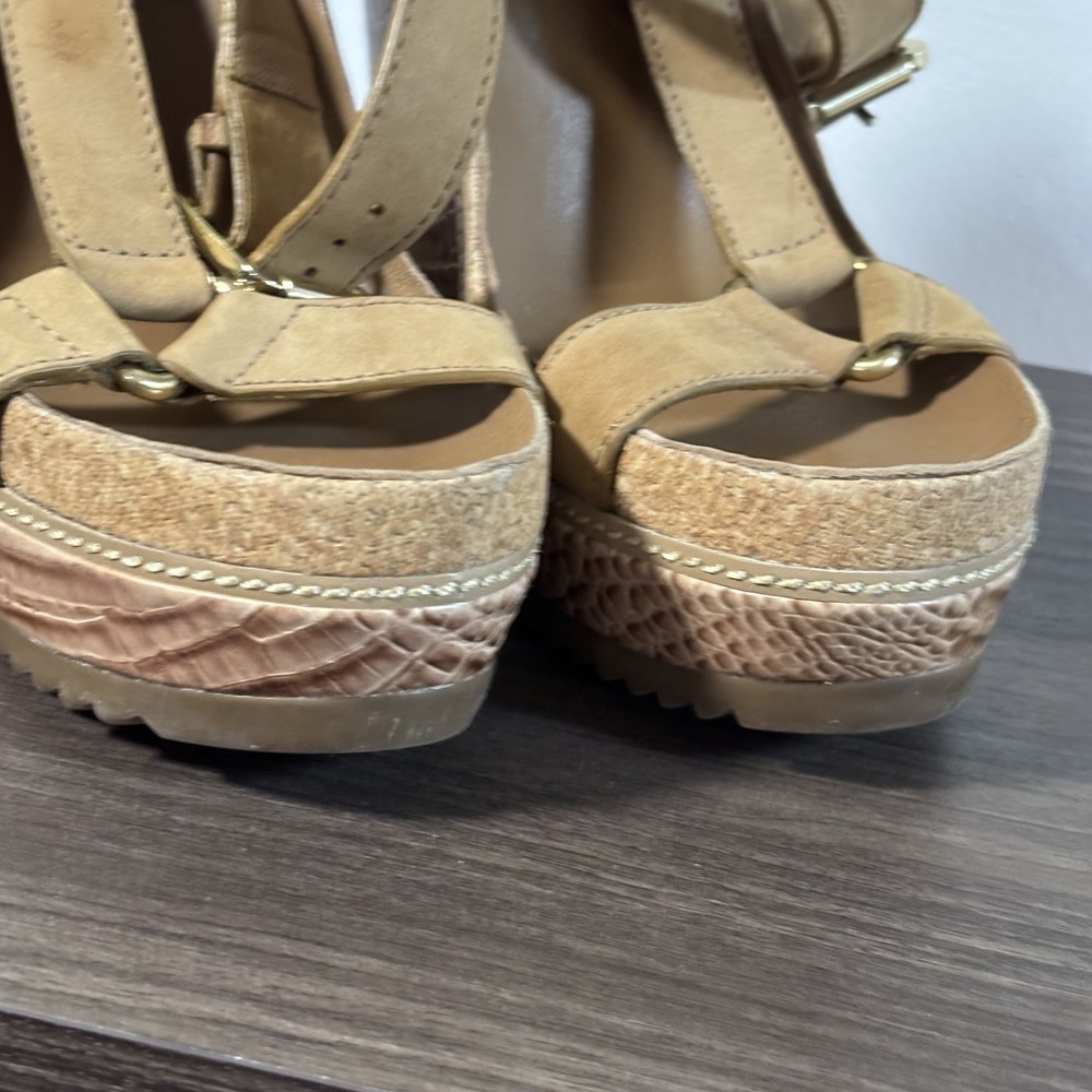 Pre-owned Tory‎ Burch Women's Tan Leather High Heel Wedge Sandals Sz 7M - Picture 3 of 6